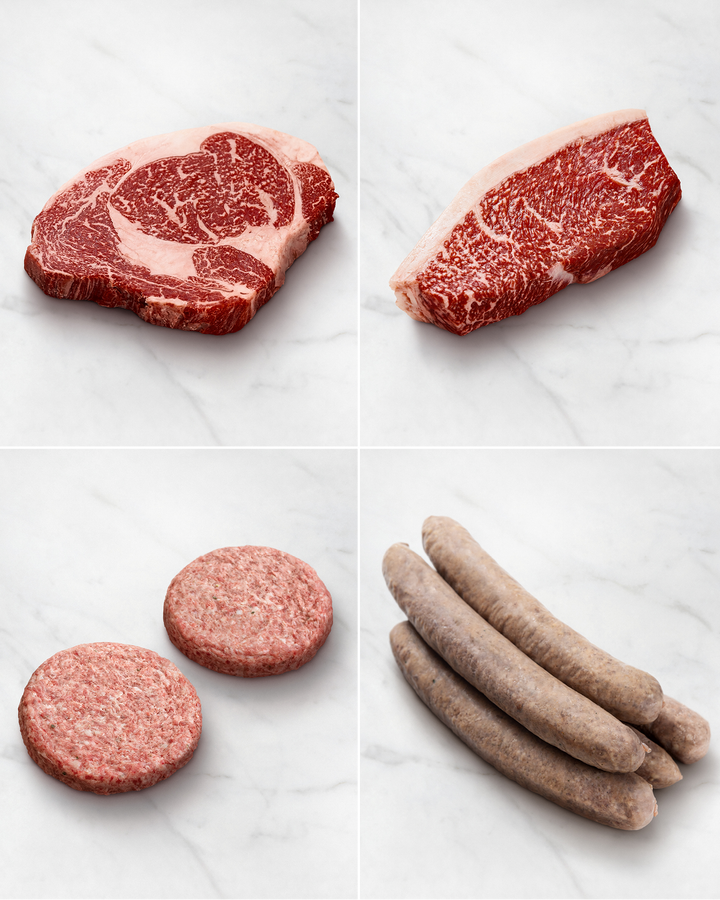Wagyu Verwöhnpaket mit Rib Eye Steak, Picanha, Burger, Grillwurst 